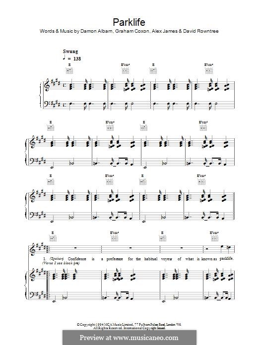 Parklife (Blur): For voice and piano (or guitar) by Alex James, Damon Albarn, David Rowntree, Graham Coxon