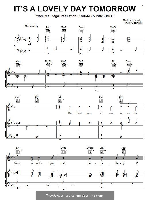 It's a Lovely Day Tomorrow: For voice and piano (or guitar) by Irving Berlin
