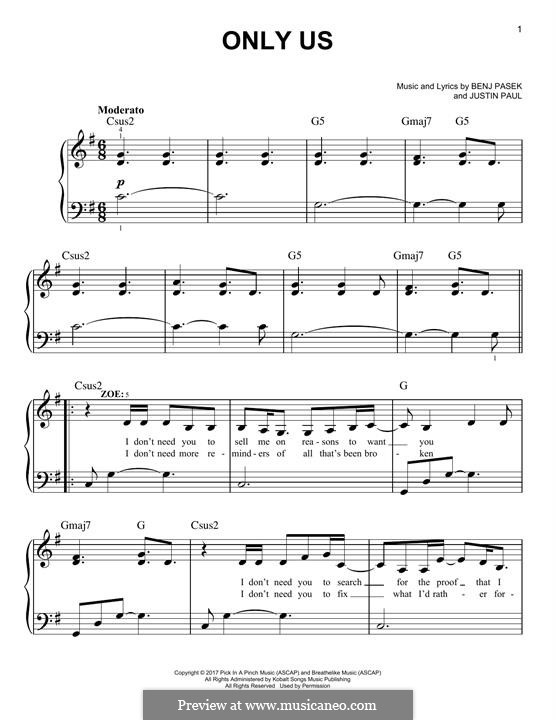 Only Us (from Dear Evan Hansen): For piano by Justin Paul, Benj Pasek