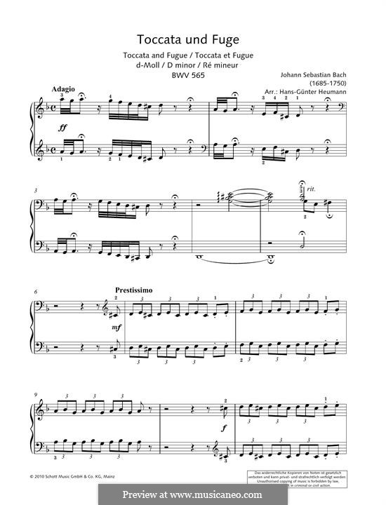 Toccata and Fugue in D Minor, BWV 565: For piano by Johann Sebastian Bach