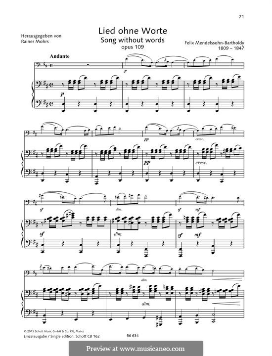 Song without Words for Cello and Piano, Op.109: Version for violin and piano by Felix Mendelssohn-Bartholdy