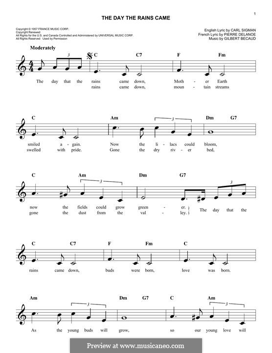 The Day the Rains Came: Melody line by Gilbert Becaud
