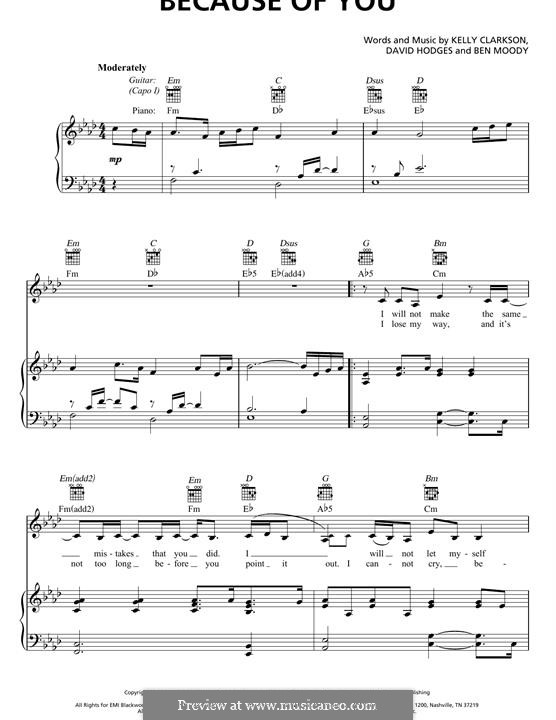 Because of You: For voice and piano (or guitar) by Ben Moody, David Hodges, Kelly Clarkson