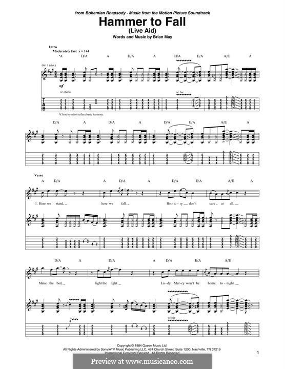 Hammer to Fall (Queen): For guitar with tab by Brian May