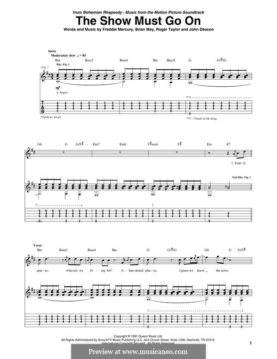 The Show Must Go On (Queen): For guitar with tab by Brian May, Freddie Mercury, John Deacon, Roger Taylor