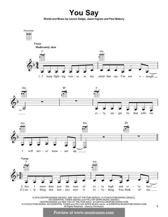 You Say: For ukulele by Jason David Ingram, Paul Mabury, Lauren Daigle