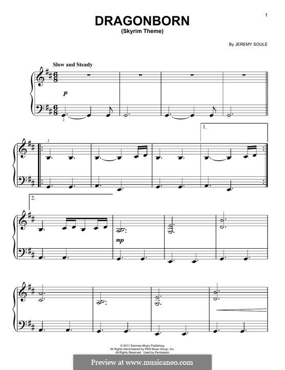 Dragonborn (Skyrim Theme): For piano by Jeremy Soule