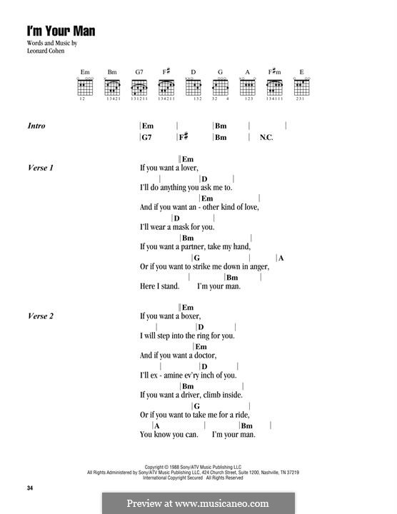 I'm Your Man: Lyrics and chords by Leonard Cohen