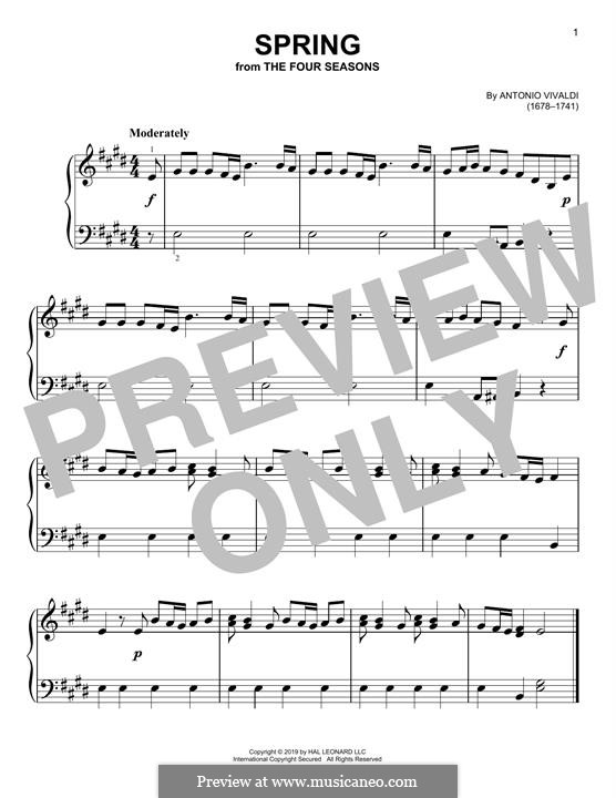 Violin Concerto No.1 in E Major 'La primavera' (Printable Scores), RV 269: Movement I (Theme), for piano by Antonio Vivaldi