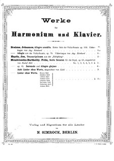 Sonata for Violin and Piano No.2 in A Major, Op.100: Movement I. Version for harmonium and piano – piano part by Johannes Brahms