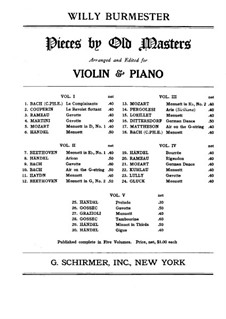 Pieces by Old Masters: Volume III, No.13-18 for violin and piano – solo part by Carl Philipp Emanuel Bach, Carl Ditters von Dittersdorf, Wolfgang Amadeus Mozart, Giovanni Battista Pergolesi, Johann Mattheson, Jean Baptiste Loeillet of London