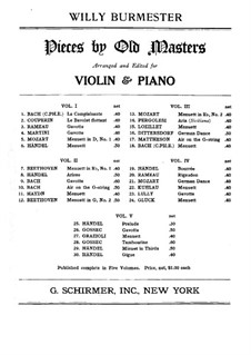 Pieces by Old Masters: Volume III, No.13-18 for violin and piano – score by Carl Philipp Emanuel Bach, Carl Ditters von Dittersdorf, Wolfgang Amadeus Mozart, Giovanni Battista Pergolesi, Johann Mattheson, Jean Baptiste Loeillet of London