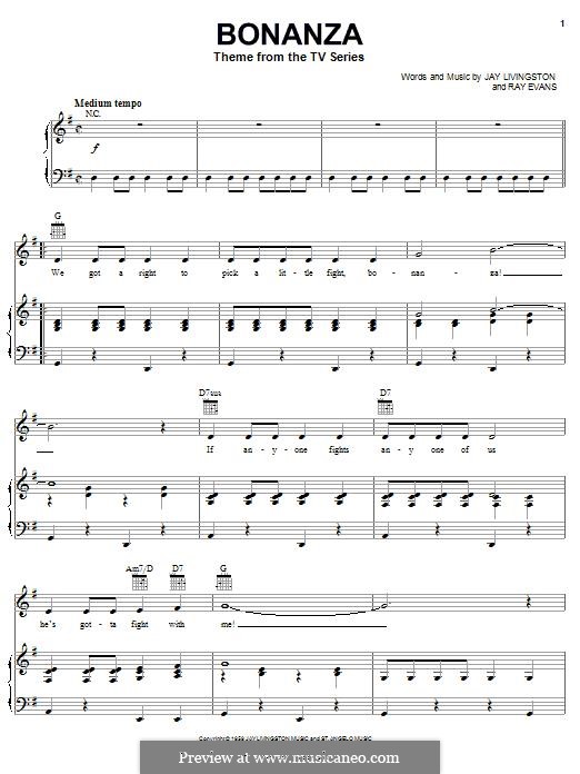 Bonanza (Al Caiola): For voice and piano (or guitar) by Jay Livingston, Raymond Evans