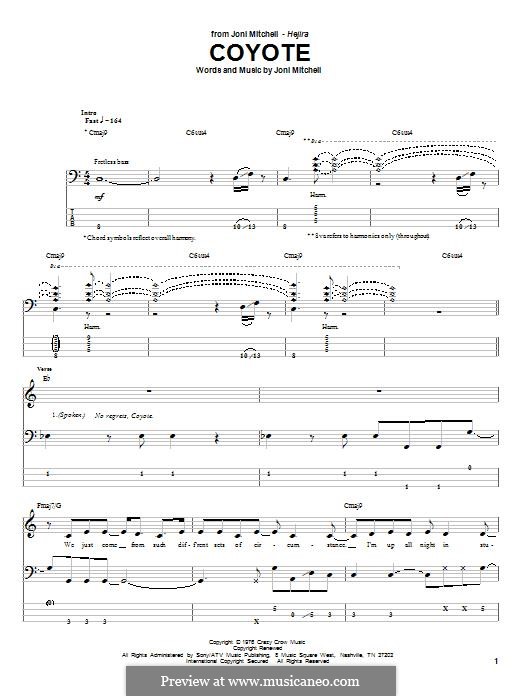Coyote: For bass guitar with tab by Joni Mitchell
