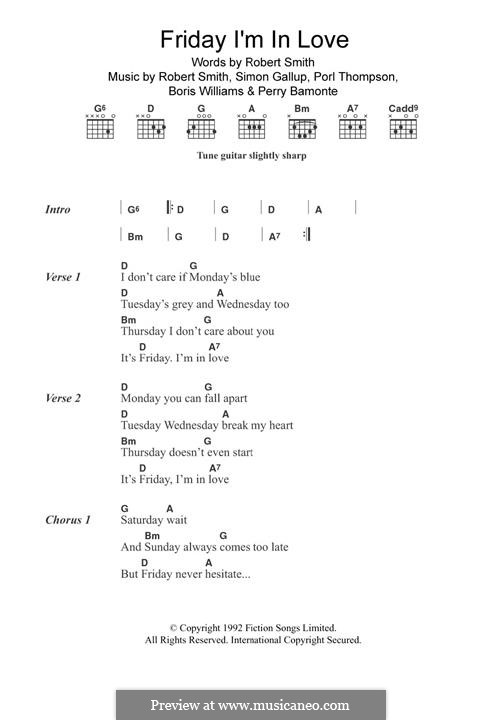 Friday I'm in Love (The Cure): Lyrics and chords by Boris Williams, Perry Bamonte, Porl Thompson, Robert Gary Smith, Simon Gallup