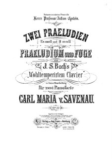 The Well-Tempered Clavier. Selections: Two Preludes, Prelude and Fugue for Two Pianos Four Hands by Johann Sebastian Bach