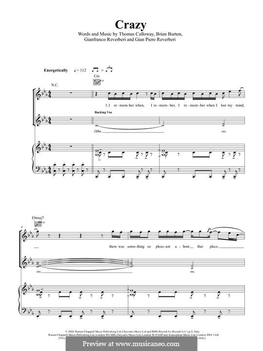 Crazy (Gnarls Barkley): For voice and piano by Brian Burton, Gian Piero Reverberi, Gianfranco Reverberi, Thomas Callaway