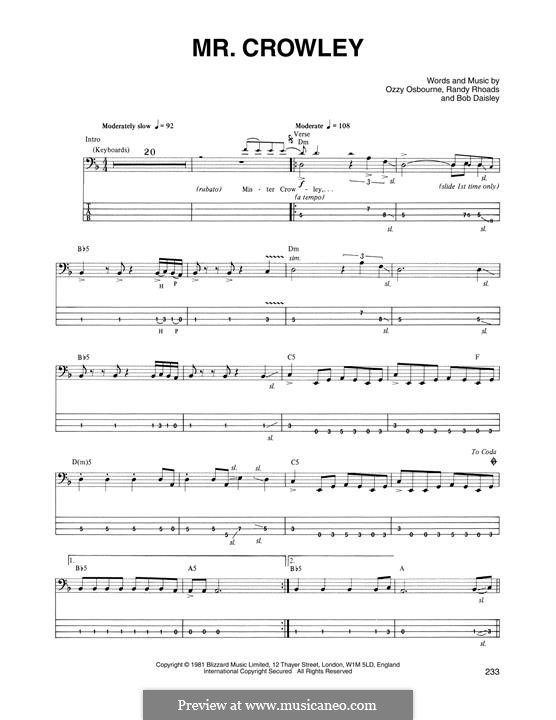 Mr. Crowley: For bass guitar with tab by Bob Daisley, Ozzy Osbourne, Randy Rhoads