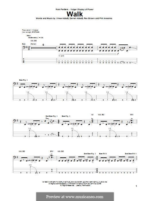 Walk (Pantera): For bass guitar with tab by Vince Abbott, Darrell Abbott, Rex Brown, Phill Anselmo