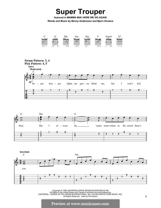 Super Trouper (ABBA): For guitar by Benny Andersson, Björn Ulvaeus