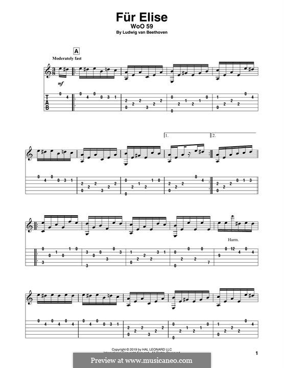 For Elise (Printable Scores), WoO 59: For guitar by Ludwig van Beethoven