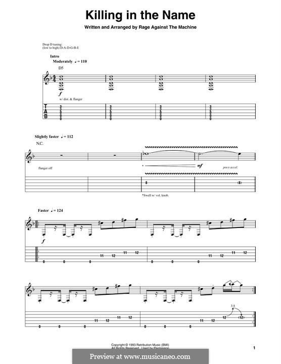 Killing in the Name (Rage Against the Machine): For guitar with tab by Brad Wilk, Tim Commerford, Tom Morello, Zack de la Rocha