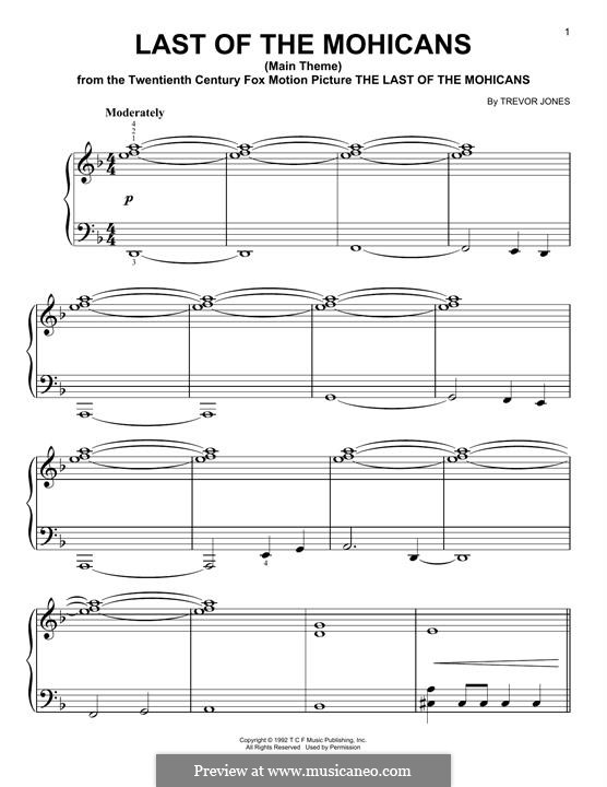 Last of the Mohicans (Main Theme): For piano by Trevor Jones