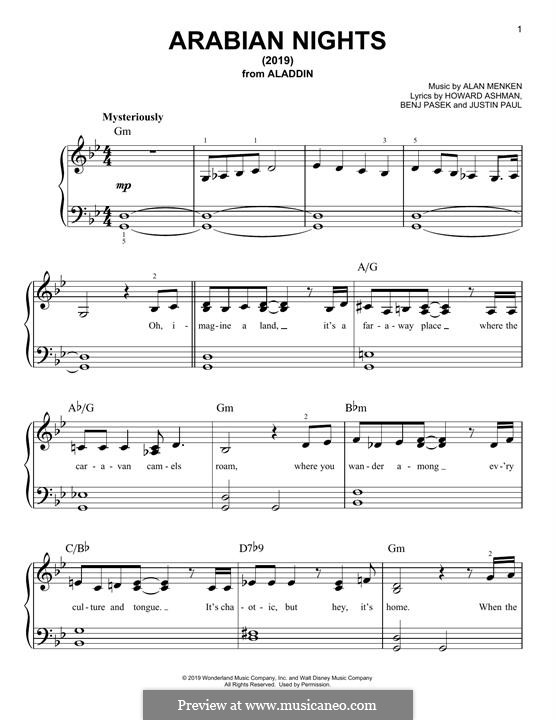Arabian Nights (from Aladdin): For piano by Alan Menken
