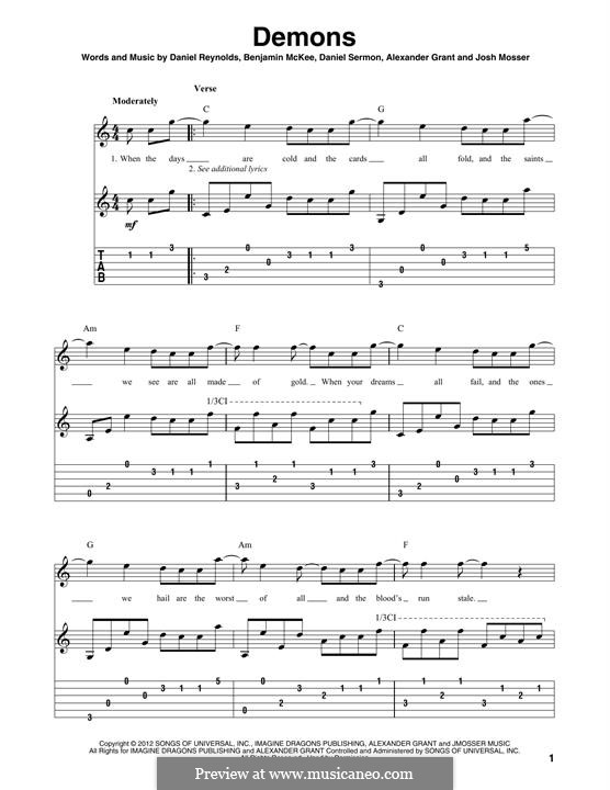 Demons (Imagine Dragons): For guitar by Alexander Grant, Benjamin McKee, Daniel Reynolds, Daniel Sermon, Josh Mosser
