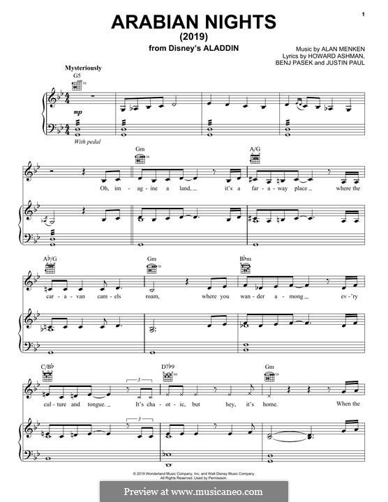 Arabian Nights (from Aladdin): For voice and piano (or guitar) by Alan Menken