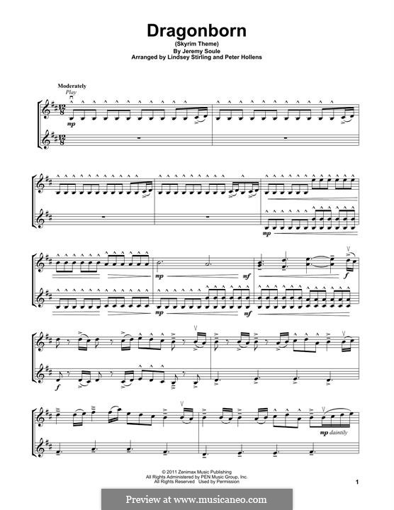Dragonborn (Skyrim Theme): For two violins by Jeremy Soule