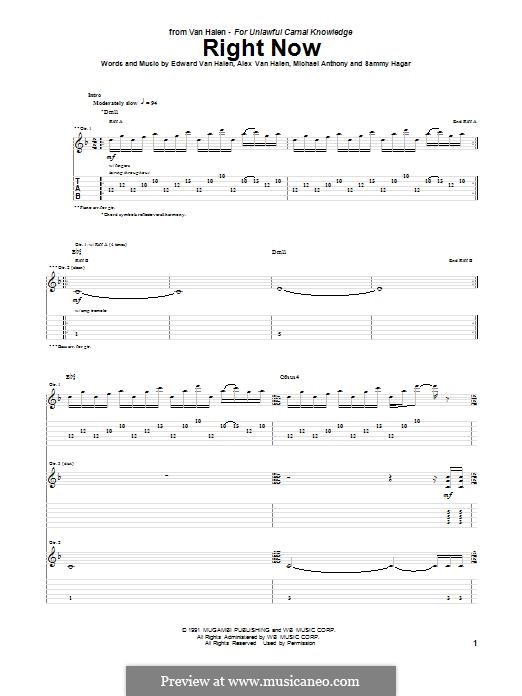 Right Now (Van Halen): For guitar with tab by Alex Van Halen, Edward Van Halen, Michael Anthony, Sammy Hagar