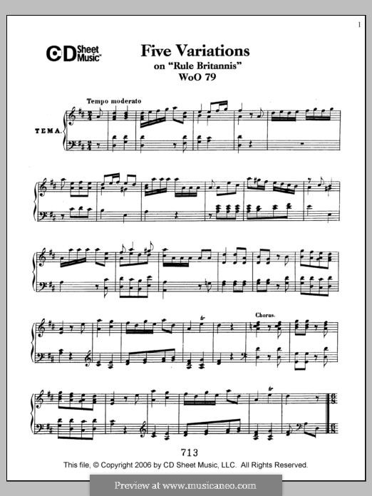 Five Variations on the Popular English Song 'Rule Britannia', WoO 79: For piano by Ludwig van Beethoven