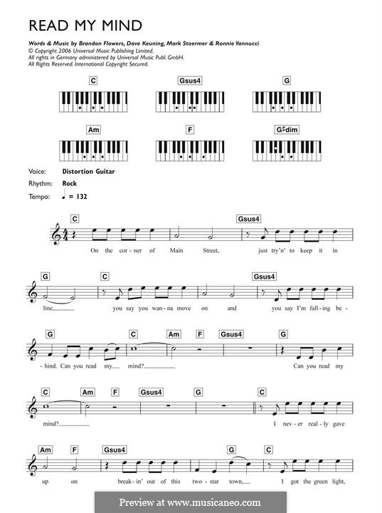 Read My Mind (The Killers): Melody line by Brandon Flowers, Dave Keuning, Mark Stoermer, Ronnie Vannucci