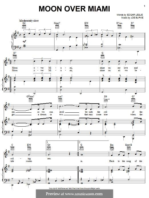 Moon Over Miami (George Shearing): For voice and piano (or guitar) by Joe Burke