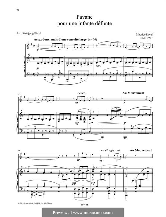 Pavane pour une infante défunte (Pavane for a Dead Princess), M.19: For clarinet and piano by Maurice Ravel