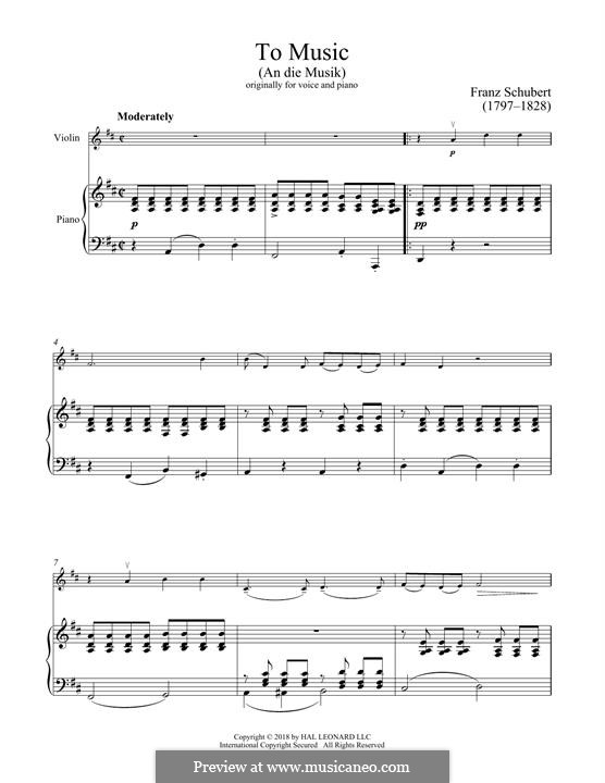 An die Musik (To Music), D.547 Op.88 No.4: For violin and piano by Franz Schubert