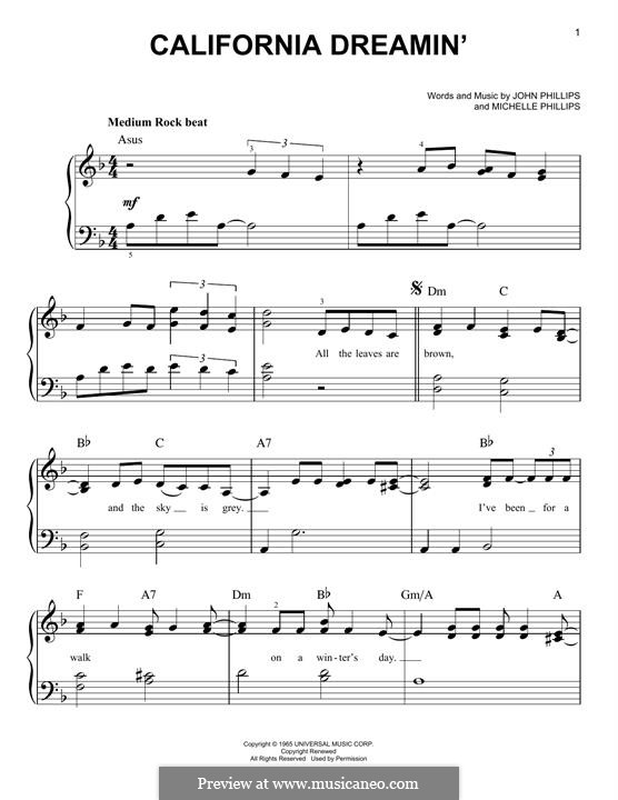 California Dreamin' (The Mamas & The Papas): For piano by John Phillips, Michelle Phillips
