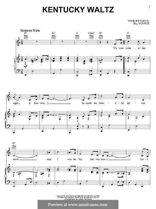 Kentucky Waltz: For voice and piano (or guitar) by Bill Monroe