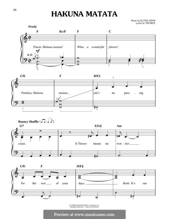 Hakuna Matata (from The Lion King): For piano by Elton John