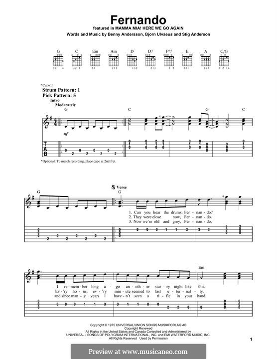 Fernando (ABBA): For guitar with tab by Benny Andersson, Björn Ulvaeus, Stig Anderson