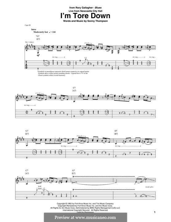 I'm Tore Down (Eric Clapton): For guitar with tab by Sonny Thompson