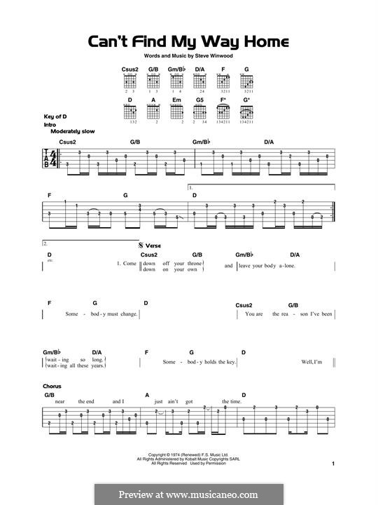 Can't Find My Way Home: For guitar by Steve Winwood