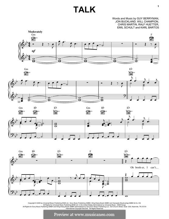 Talk (Coldplay): For voice and piano (or guitar) by Chris Martin, Emil Schult, Guy Berryman, Jonny Buckland, Karl Bartos, Ralf Hütter, Will Champion