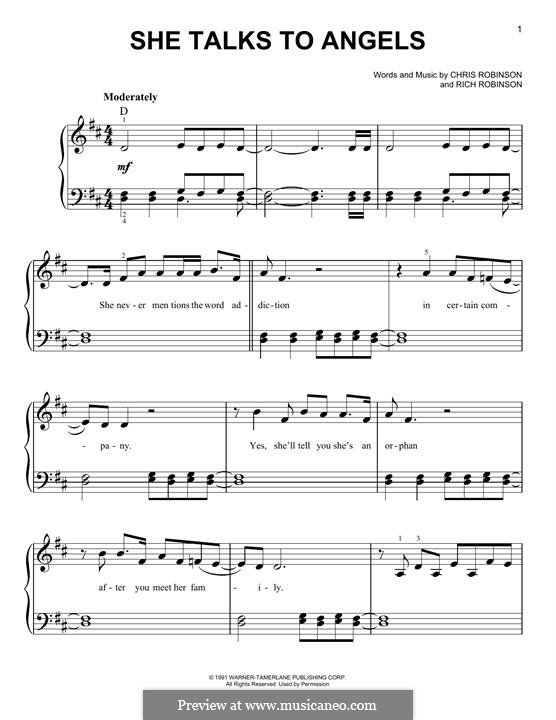 She Talks to Angels (Black Crowes): For piano by Chris Robinson, Rich Robinson