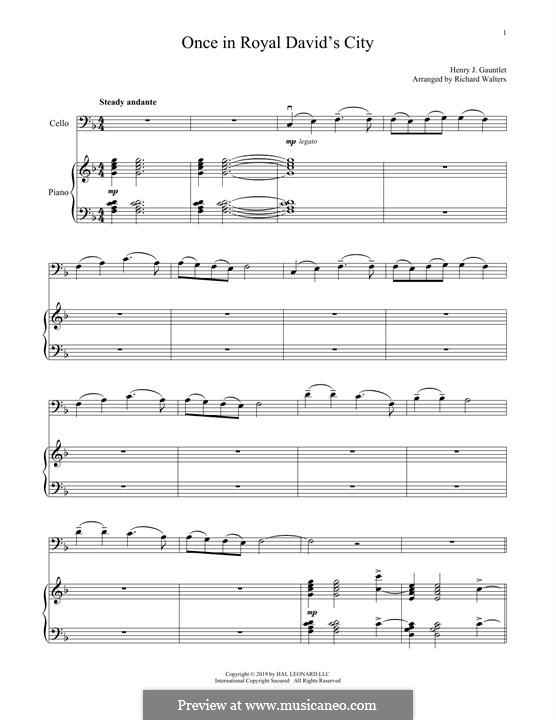 Once in Royal David's City (Printable scores): For cello and piano by Henry John Gauntlett