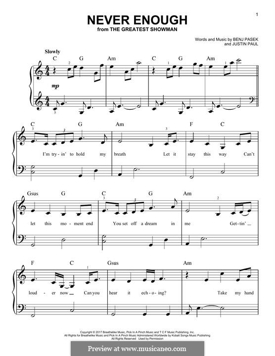 Never Enough (from The Greatest Showman): For piano by Justin Paul, Benj Pasek