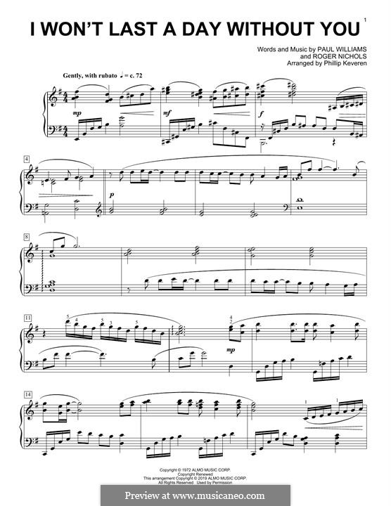 I Won't Last a Day without You (Carpenters): For piano by Paul H. Williams, Roger Nichols
