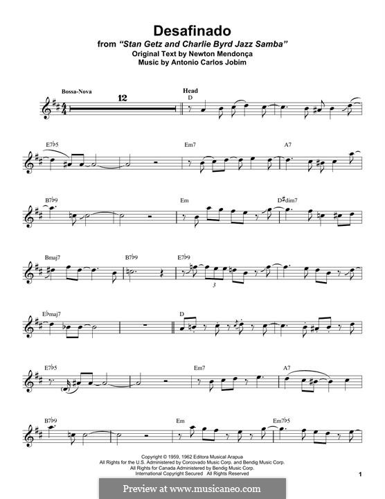 Desafinado (Slightly Out of Tune): For alto saxophone by Antonio Carlos Jobim