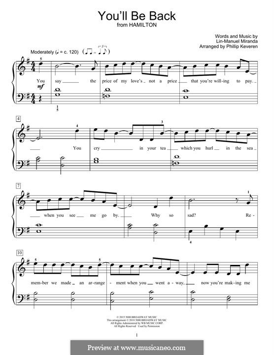 You'll Be Back (from 'Hamilton'): For easy piano by Lin-Manuel Miranda